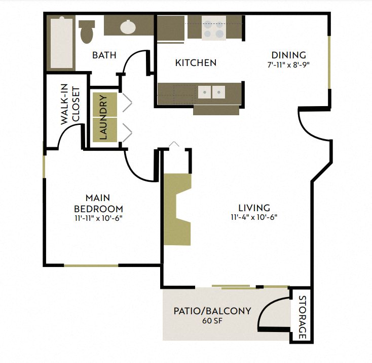 Floor plan for 1 bed, 1 bath, 700 sqft